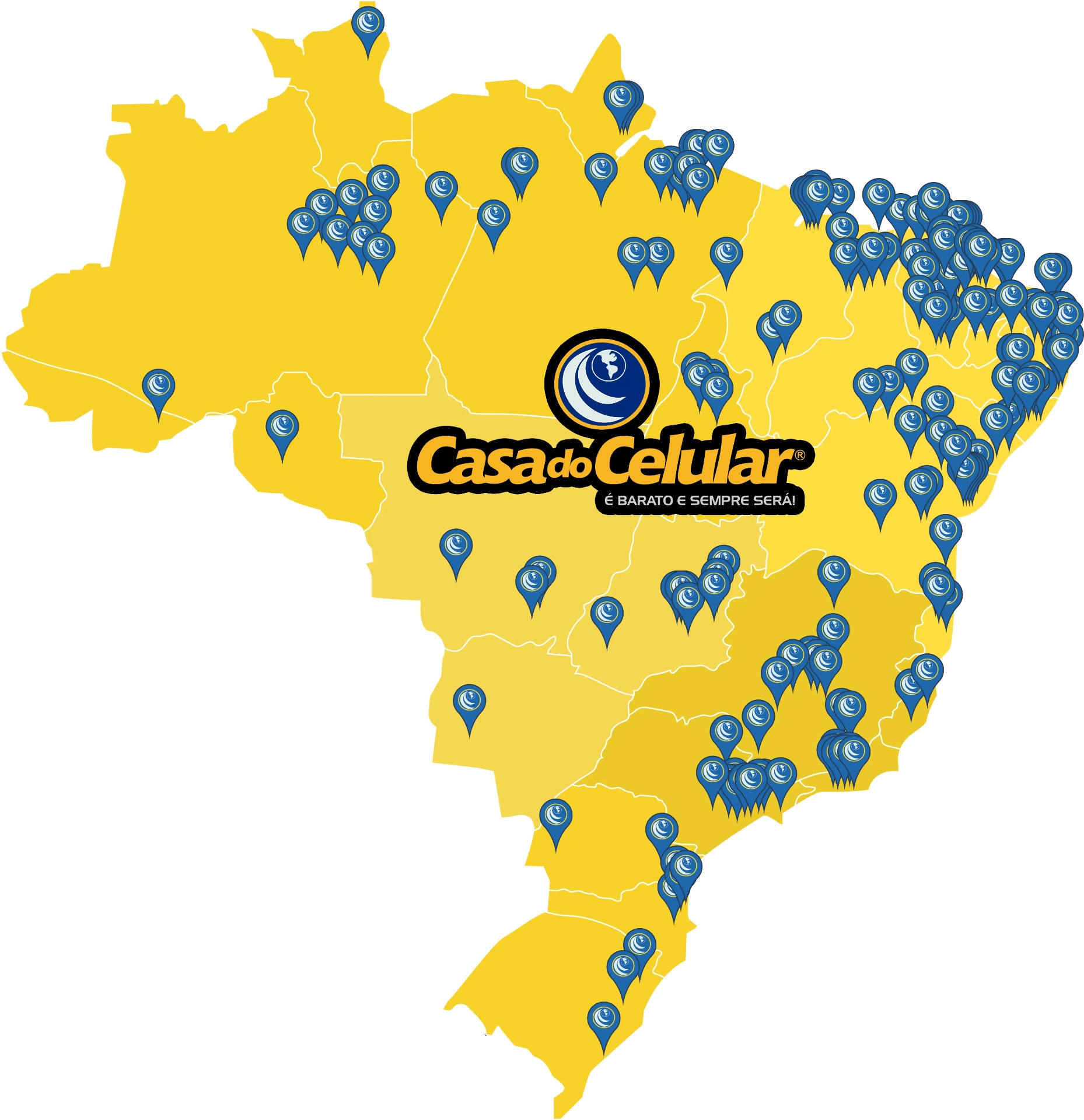 Mapa do Brasil com as lojas Casa do Celular espalhadas por todo o país